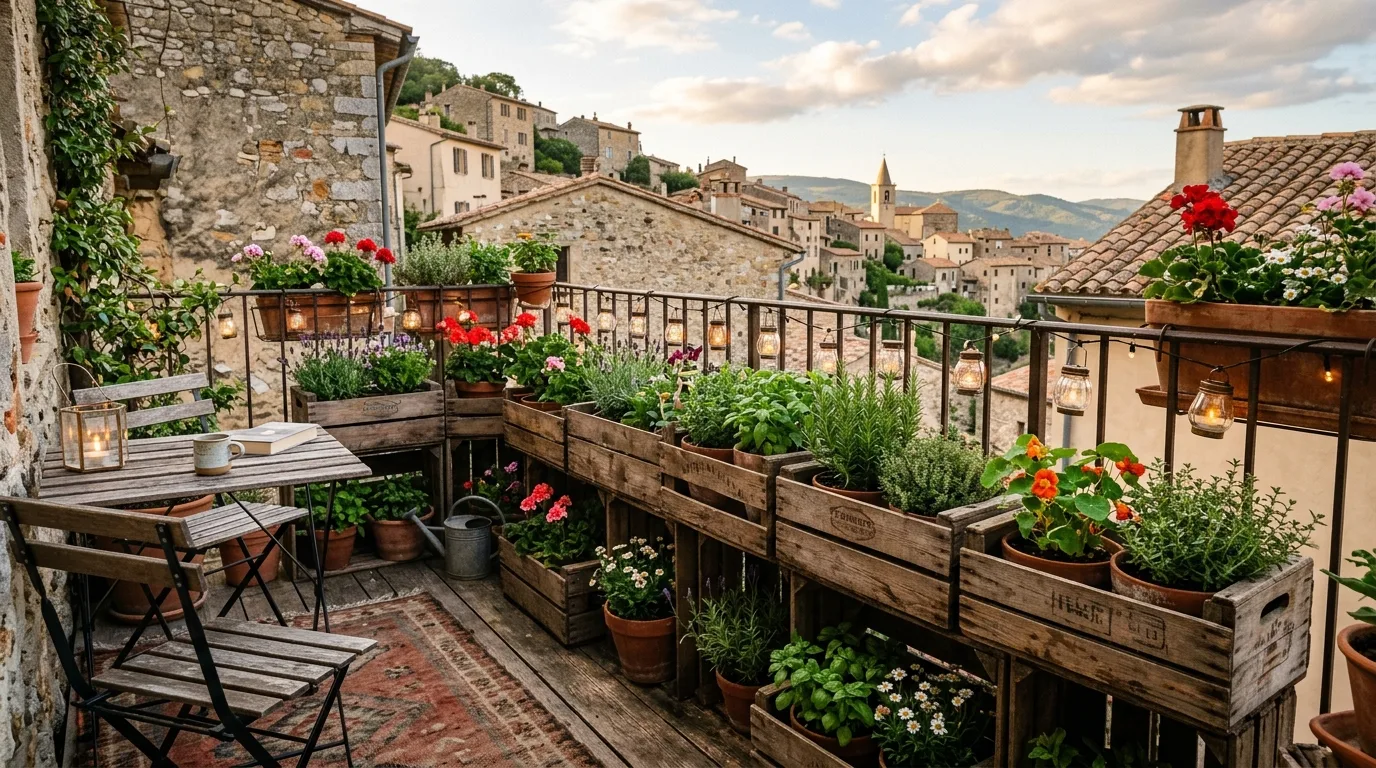 Rustic Balcony With Wooden Crate Plant Stands
